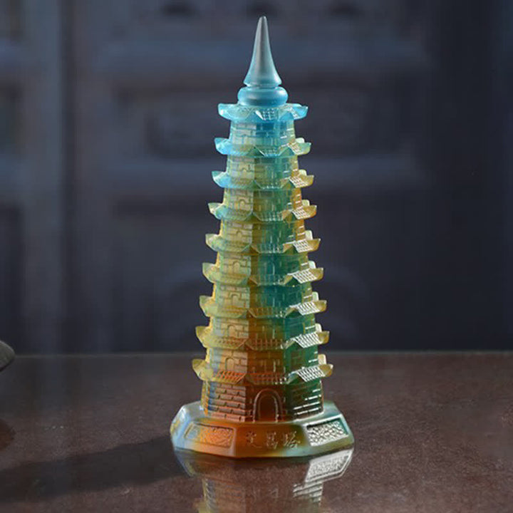 Feng Shui Wenchang Tower Handmade Liuli Crystal Pagoda Art Piece Luck Home Office Decoration