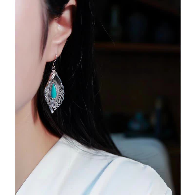 925 Sterling Silver Turquoise Bodhi Leaf Pattern Protection Drop Dangle Earrings