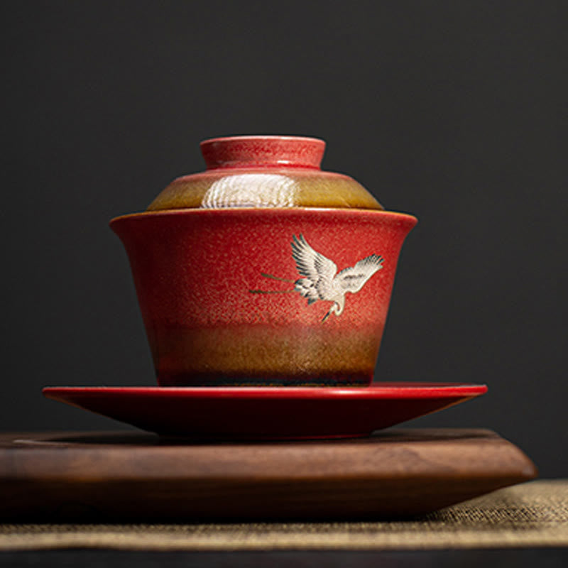 Buddha Stones Red Auspicious Crane Ceramic Gaiwan Sancai Teacup Kung Fu Tea Cup And Saucer With Lid