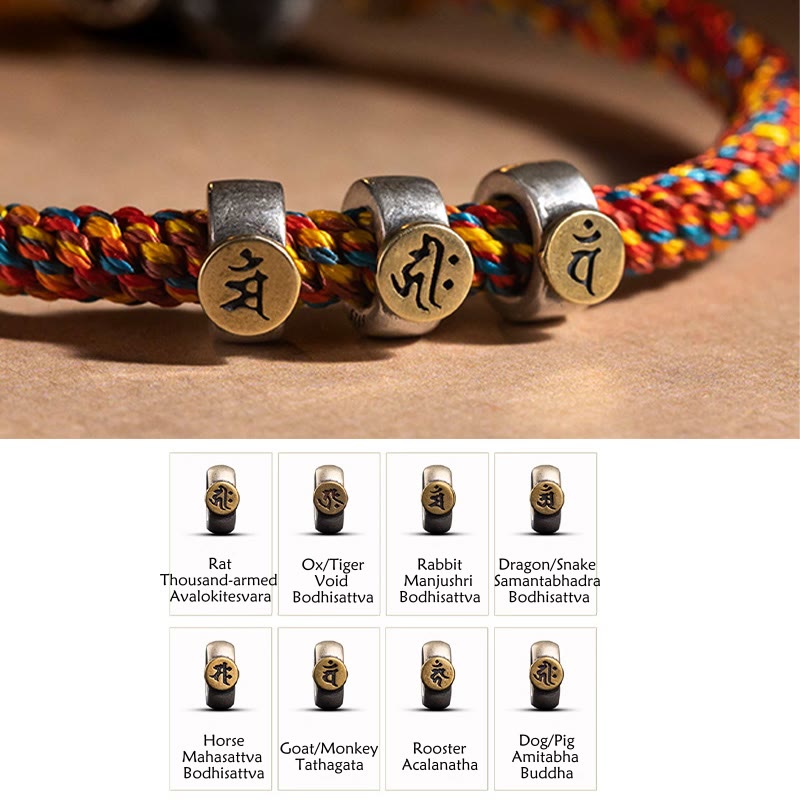 Buddha Stones Handmade Tibetan 925 Sterling Silver Chinese Zodiac Natal Buddha Zakiram Goddess of Wealth Protection Multicolored Rope Braided Bracelet