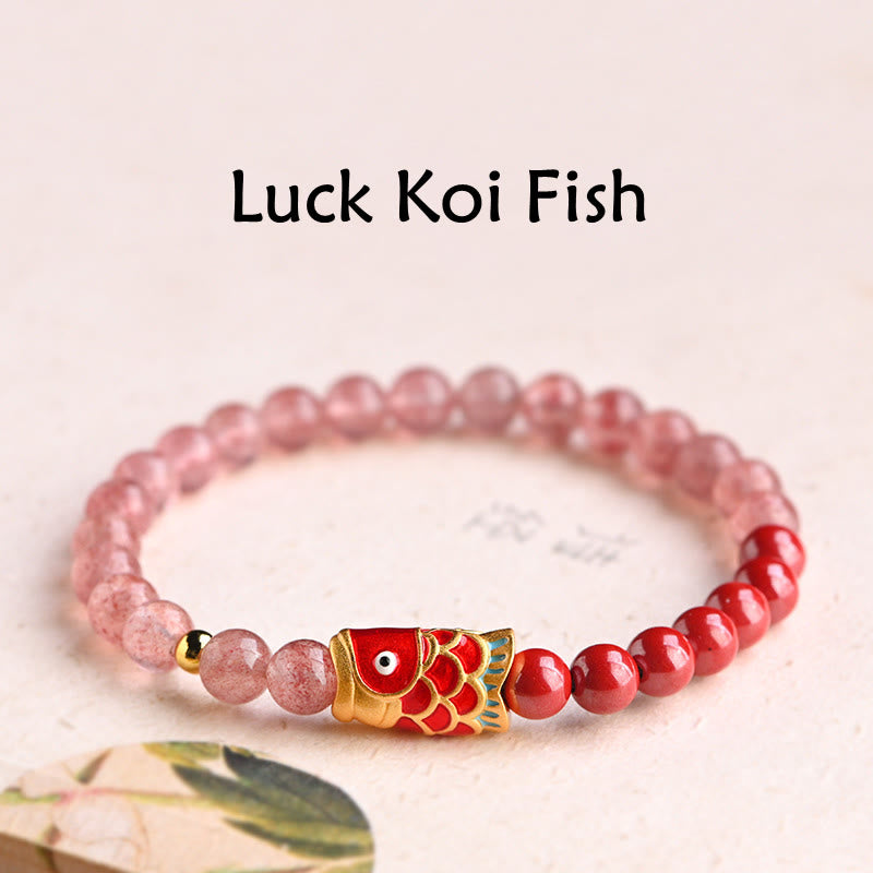 Buddha Stones Natural Strawberry Quartz Cinnabar Lucky Koi Fish Healing Bracelet