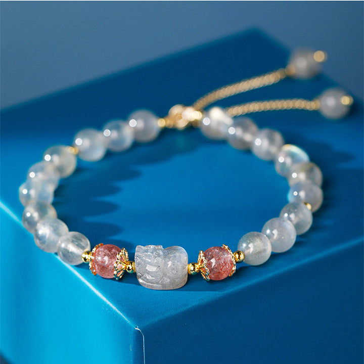 Buddha Stones Aquamarine Strawberry Quartz Amethyst Moonstone PiXiu Healing Bracelet