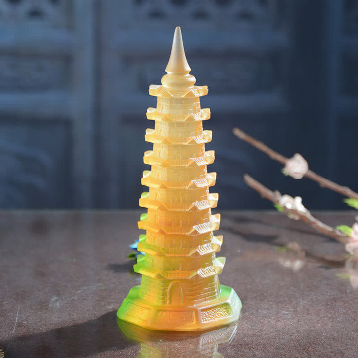 Feng Shui Wenchang Tower Handmade Liuli Crystal Pagoda Art Piece Luck Home Office Decoration