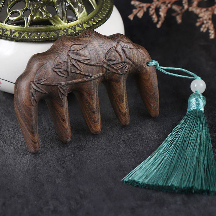 Green Sandalwood Plum Blossom Flowers Lotus Koi Fish Engraved Soothing Tassel Comb