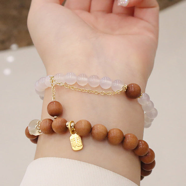 Buddha Stones Sandalwood Cat's Eye Fu Character Charm Protection Bracelet