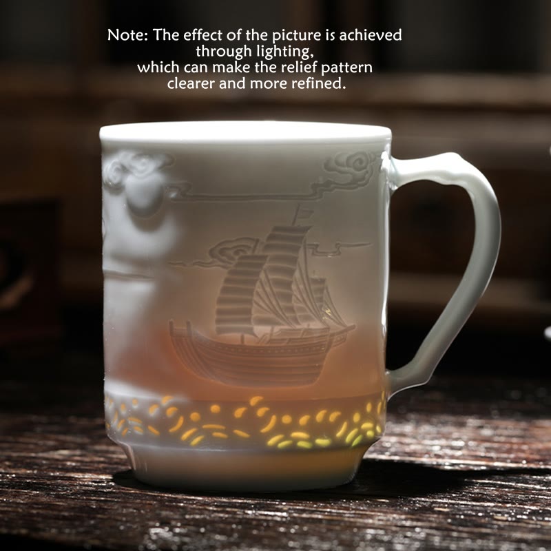 Buddha Stones Jingdezhen Linglong Porcelain Auspicious Dragon Phoenix Boat Smooth Sailing Ceramic Teacup Office Tea Cups 420ml