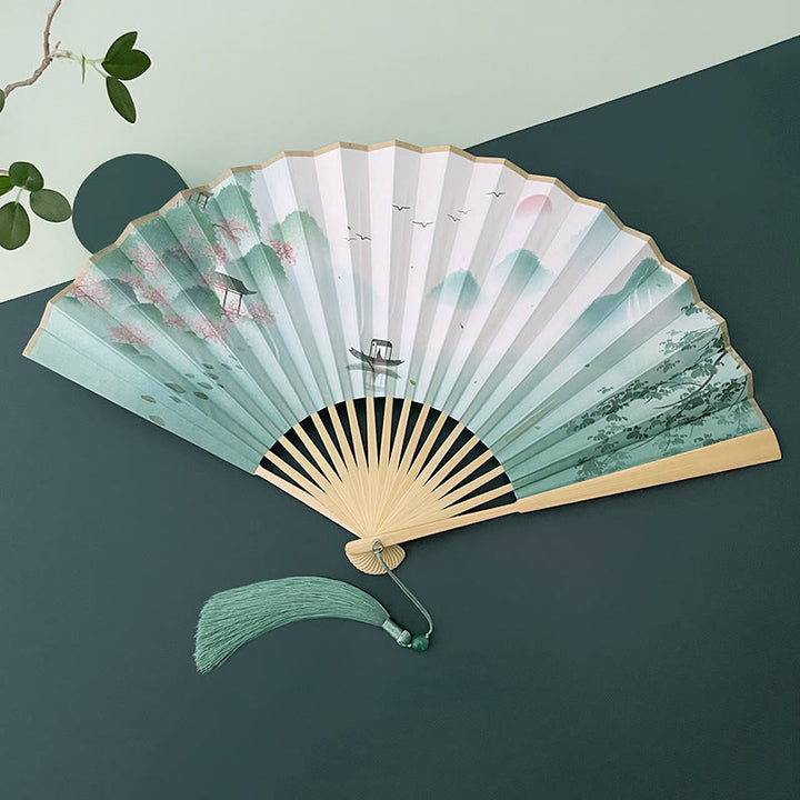 Buddha Stones Retro Lotus Flower Leaf Mountain Lake Handheld Folding Fan With Bamboo Frames