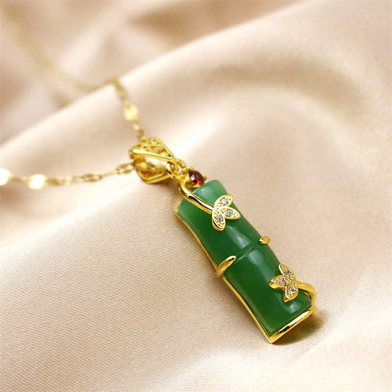 Buddha Stones White Jade Cyan Jade Bamboo Luck Protection Necklace Pendant