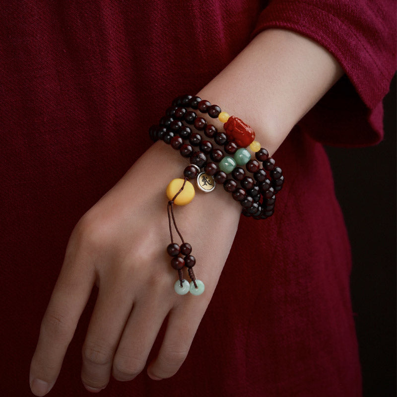 Buddha Stones Chinese Zodiac Natal Buddha 108 Mala Beads Small Leaf Red Sandalwood Red Agate PiXiu Protection Bracelet