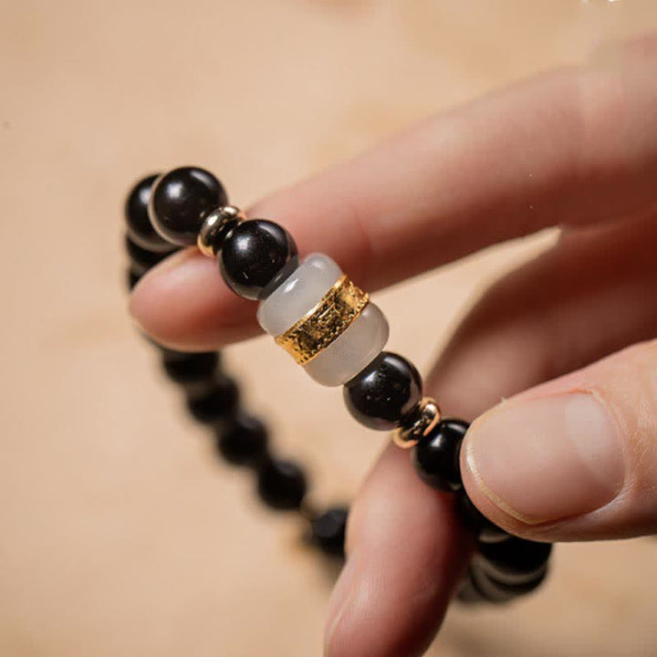 Buddha Stones Black Obsidian Jade Om Mani Padme Hum Strength Couple Magnetic Bracelet