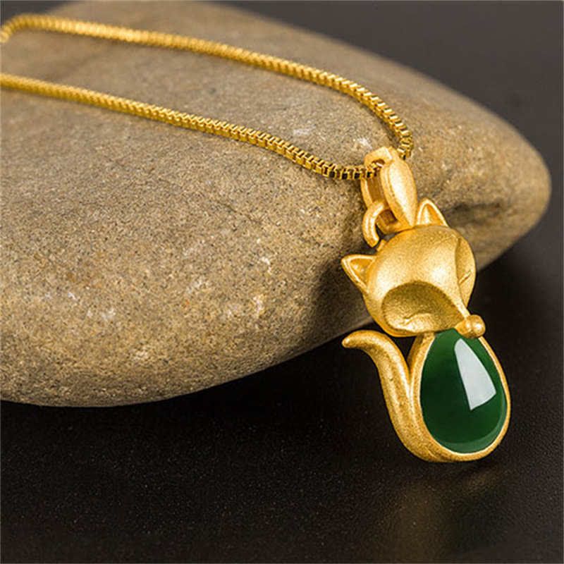 Buddha Stones Green Chalcedony Fox Pattern Courage Necklace Pendant