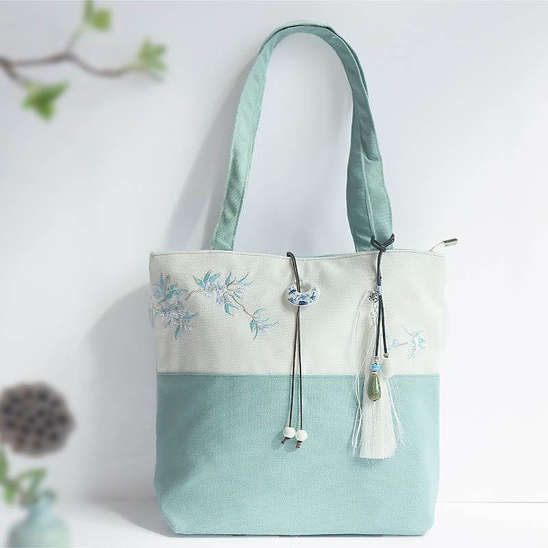 Pear Flower Plum Peach Blossom Bamboo Embroidery Canvas Large Capacity Shoulder Bag Tote Bag