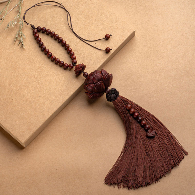 Buddha Stones Tibetan Small Leaf Red Sandalwood Lotus Luck Protection Tassel Decoration