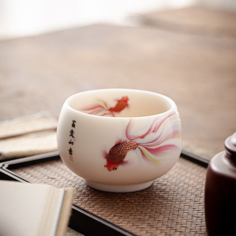 Buddha Stones Koi Fish White Porcelain Ceramic Teacup Kung Fu Tea Cup