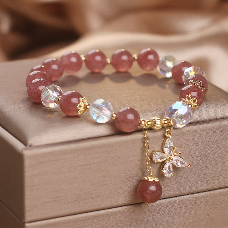 Buddha Stones Natural Strawberry Quartz Love Healing Butterfly Charm Bracelet