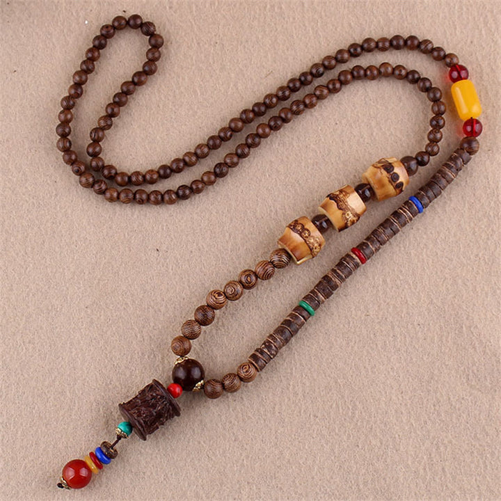 Buddha Stones Tibetan Wenge Wood Bodhi Seed Agate Elephant Protection Necklace Pendant