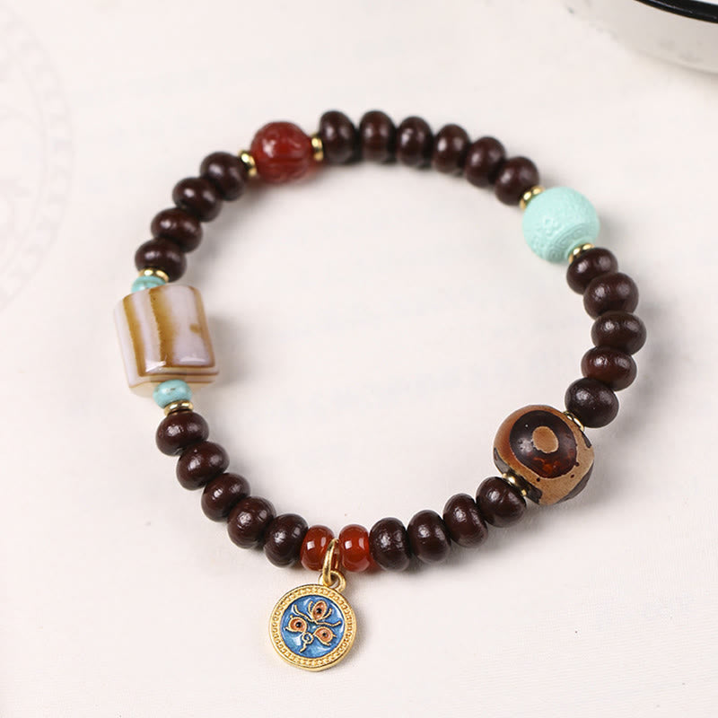 Buddha Stones Natural Tibet Purple Bodhi Seed Dzi Bead God of Wealth Wisdom Bracelet