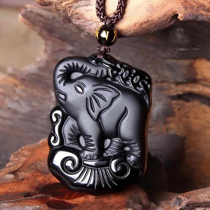 Black Obsidian Elephant Protection String Necklace Pendant Key Chain