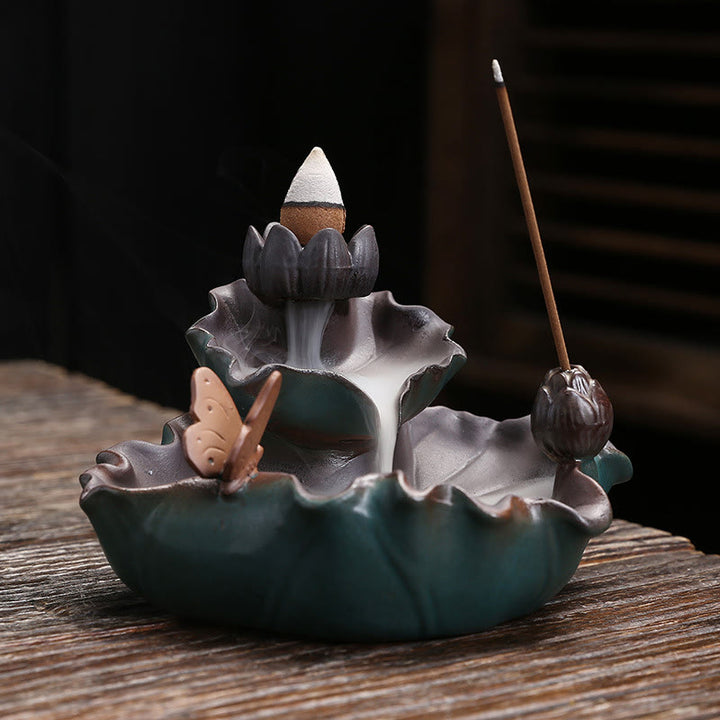 Buddha Stones Lotus Flower Leaf Frog Butterfly Pattern Healing Ceramic Incense Burner Decoration