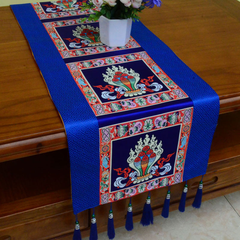 Buddha Stones Prayer Altar Mat Man-Bcu Kalachakra Endless Knot Vajra Tibetan Auspicious Symbols Tassels Table Runner