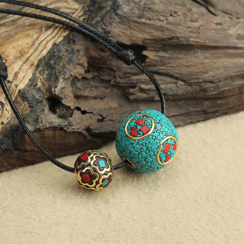 Buddha Stones Tibetan Turquoise Double Bead Protection Strength Necklace Pendant