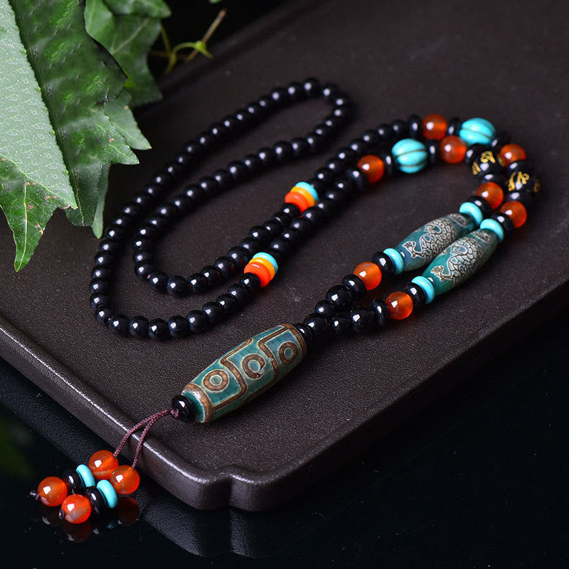 Buddha Stones Tibetan Nine-Eye Dzi Bead Dragon Pattern Om Mani Padme Hum Protection Necklace Pendant