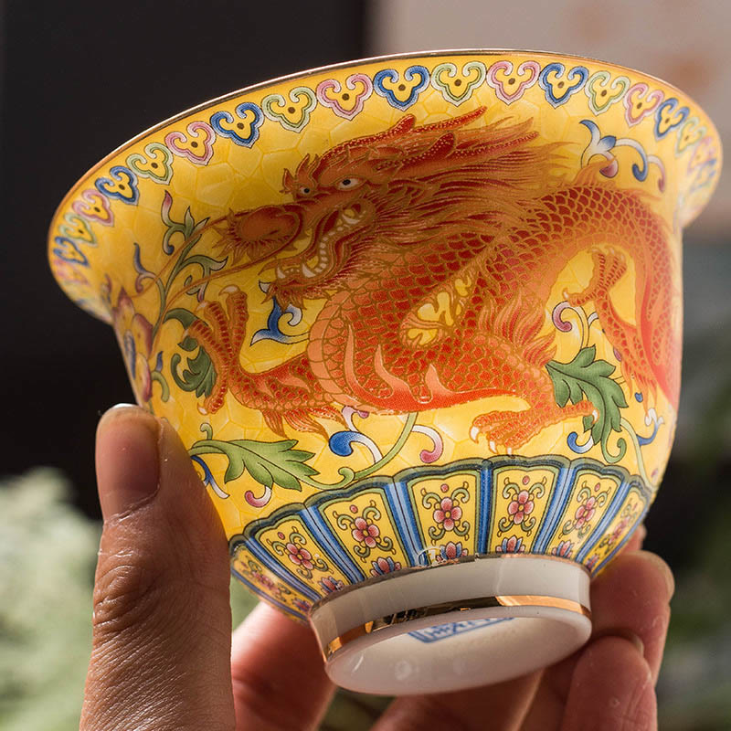 Buddha Stones Dragon Phoenix Flower Design Ceramic Gaiwan Sancai Teacup Kung Fu Tea Cup And Saucer With Lid