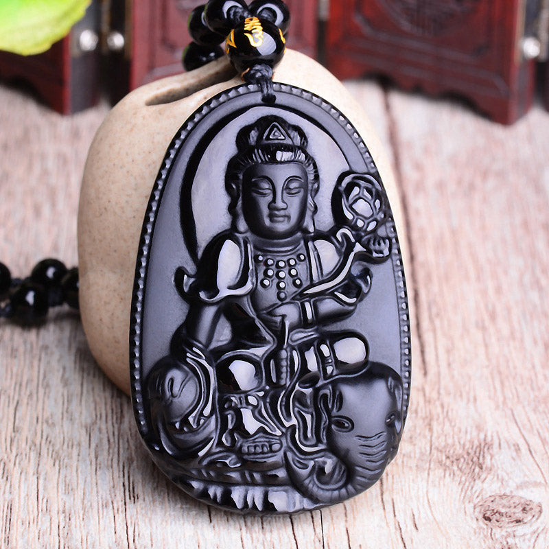 Buddha Stones Chinese Zodiac Obsidian Buddha Amulet Protection Pendant Necklace