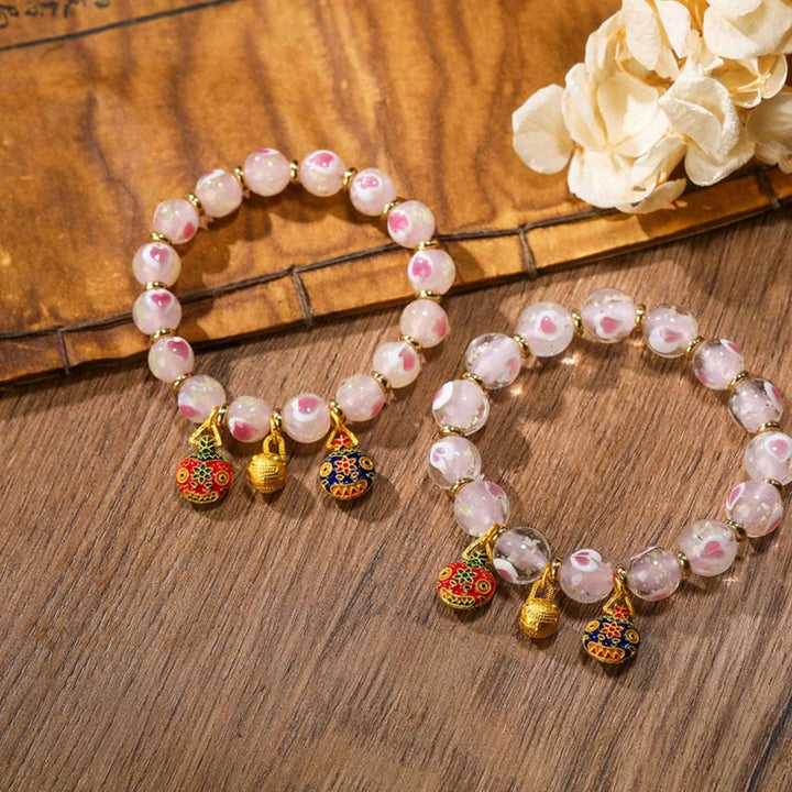 Buddha Stones Gold Swallowing Beast Family Charm Luminous Pink Love Heart Fluorescent Liuli Glass Bead Blessings Bracelet