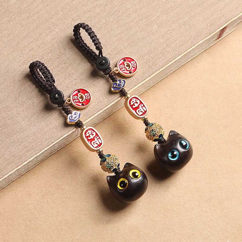 Buddha Stones Ebony Wood Lucky Cat Auspicious Cloud Peace Key Chain Phone Hanging Decoration