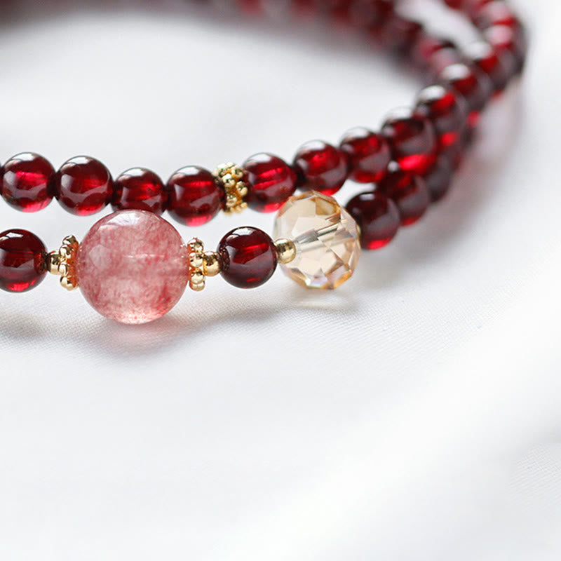 Buddha Stones 14K Gold Plated Natural Garnet Strawberry Quartz Stability Double Wrap Bracelet