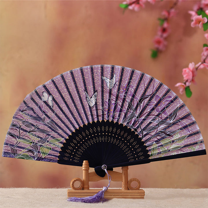 Buddha Stones Cherry Blossom Lily Butterfly Bamboo Handheld Bamboo Folding Fan 21cm