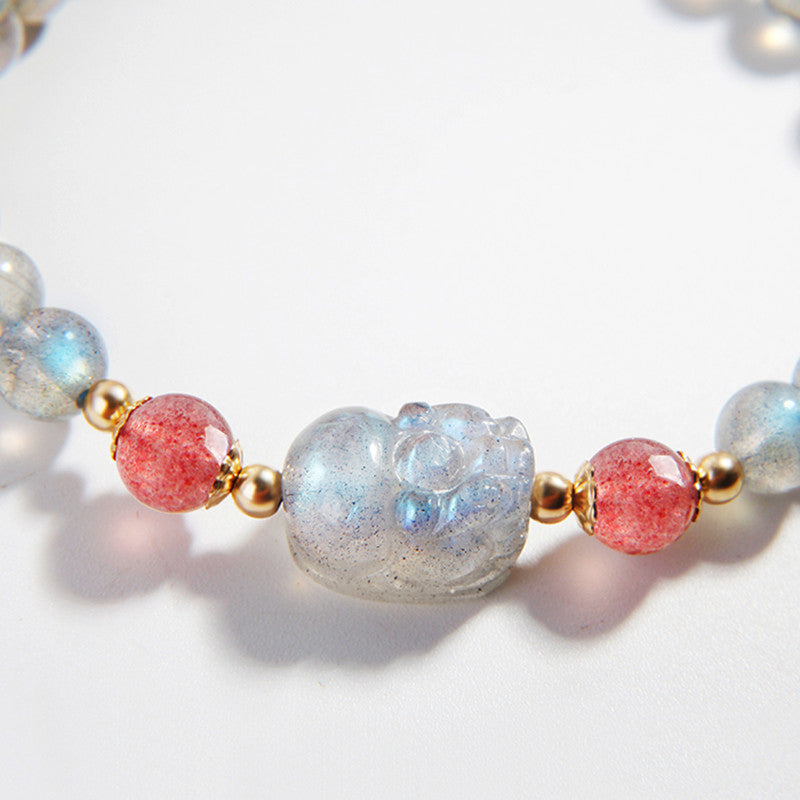 Buddha Stones Moonstone Strawberry Quartz PiXiu Healing Bracelet