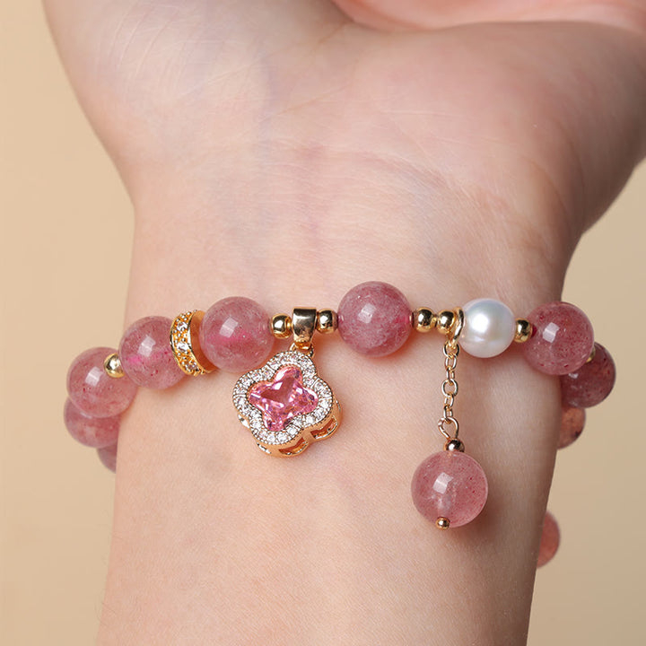 Buddha Stones Strawberry Quartz Pearl Four Leaf Clover Charm Healing Bracelet