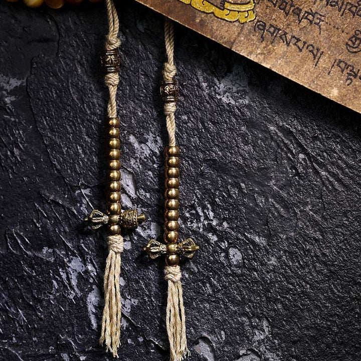 Buddha Stones 108 Mala Beads Natural Tiger Eye Copper Dorje Protection Tassel Bracelet