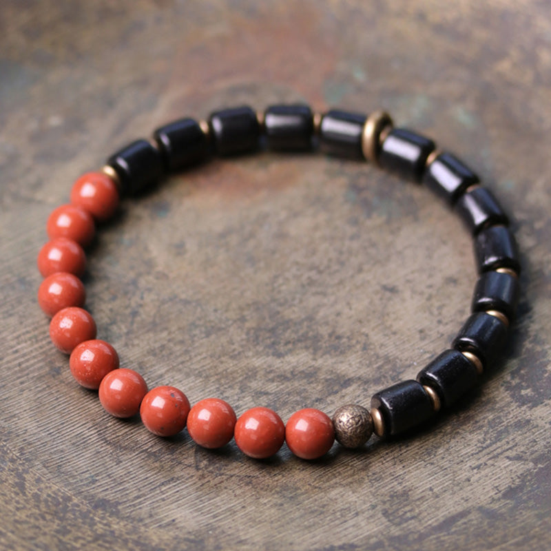 Buddha Stones Ebony Wood Red Jasper Moss Agate Crystal Copper Peace Couple Bracelet