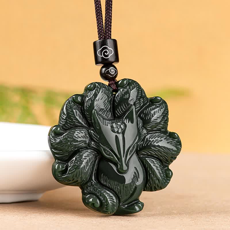 Hetian Cyan Jade Nine Tailed Fox Luck Necklace String Pendant