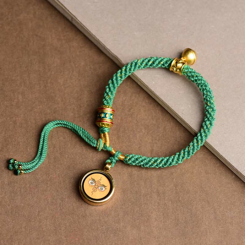 Buddha Stones Tibetan Five God Of Wealth Thangka Luck Prayer Wheel Bell Braid String Bracelet