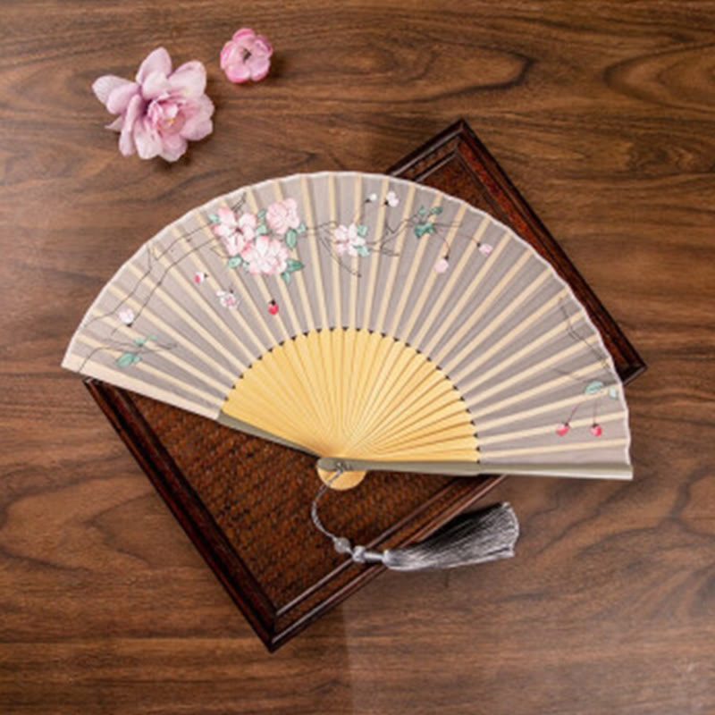 Buddha Stones Jasmine Lotus Begonia Flowers Handheld Bamboo Folding Fan