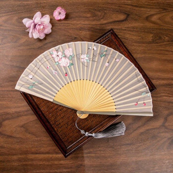 Buddha Stones Jasmine Lotus Begonia Flowers Handheld Bamboo Folding Fan