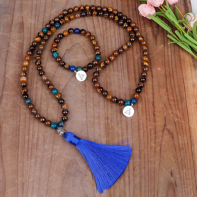 Buddha Stones 108 Mala Beads Tiger Eye Buddha Strength Bracelet Tassel Necklace Pendant