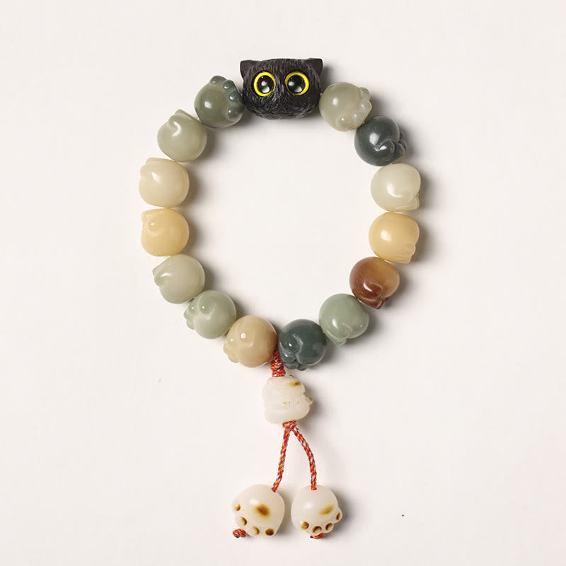 Buddha Stones Natural Bodhi Seed Lovely Paw Ebony Wood Lucky Cat Wisdom Bracelet