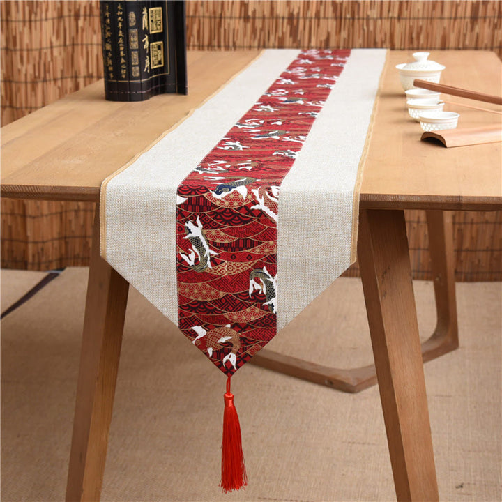 Buddha Stones Classic Chinese Style Lotus Koi Fish Flower Crane Calligraphy Enlightenment Cotton Linen Tassels Table Runner