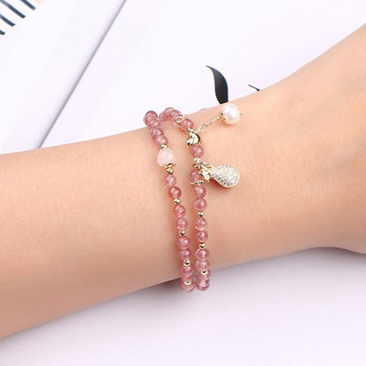 Buddha Stones Strawberry Quartz Money Bag Positive Charm Double Wrap Bracelet