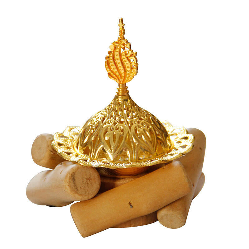 Gold Alloy Healing Mini Incense Burner With Wooden Coaster Home Decor