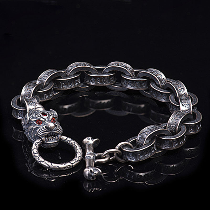 925 Sterling Silver Dragon Kirin Om Mani Padme Hum Success Strength Bracelet Bangle