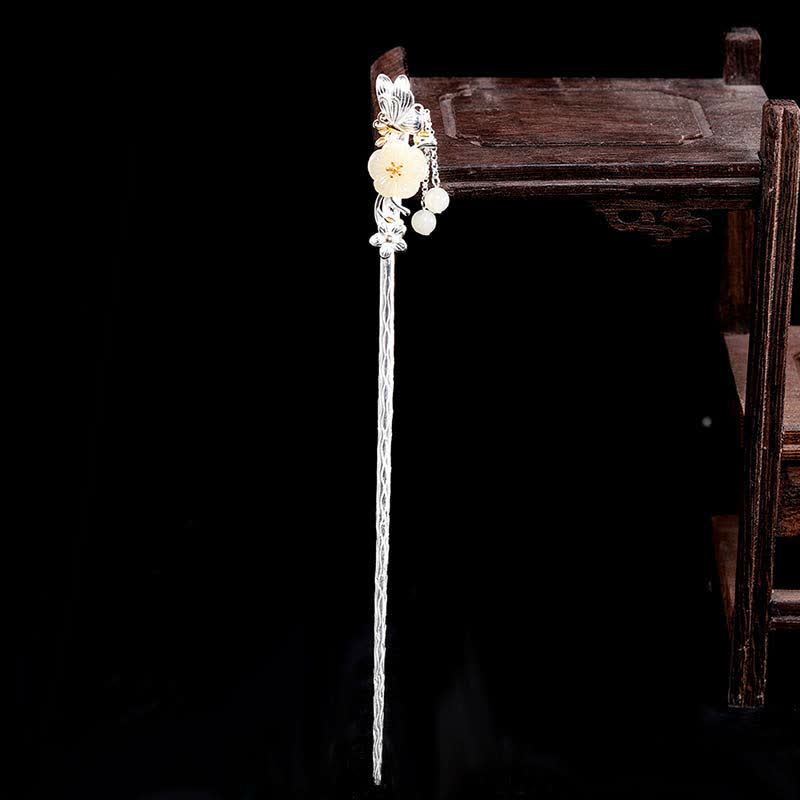 925 Sterling Silver Hetian White Jade Flower Blessing Hairpin