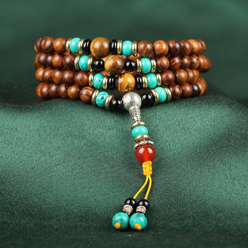 Buddha Stones 108 Beads Rosewood Tiger Eye Mala Healing Bracelet