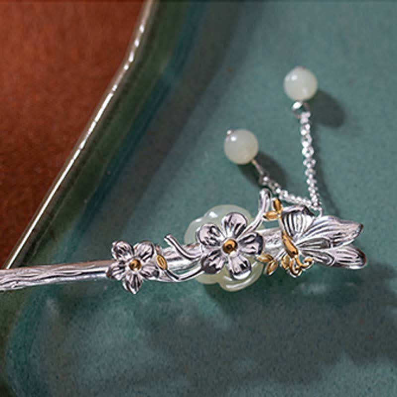 925 Sterling Silver Hetian White Jade Flower Blessing Hairpin