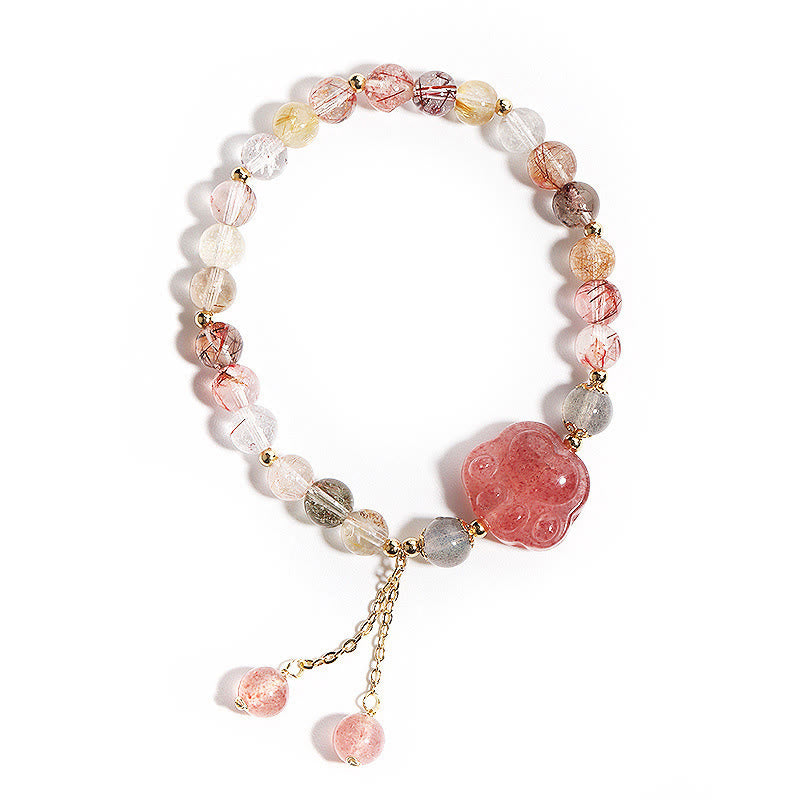 Buddha Stones Natural Strawberry Quartz Cat Paw Claw Colorful Rutilated Quartz Moonstone Love Bracelet